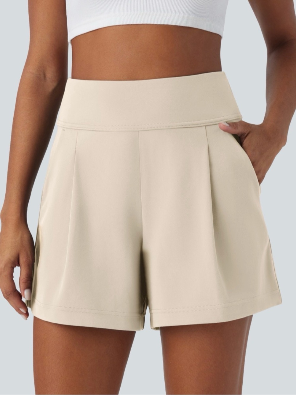 HALARA Women’s DayStretch High Waist Work Baggy Shorts 4” w/Pockets, Oatmilk, M